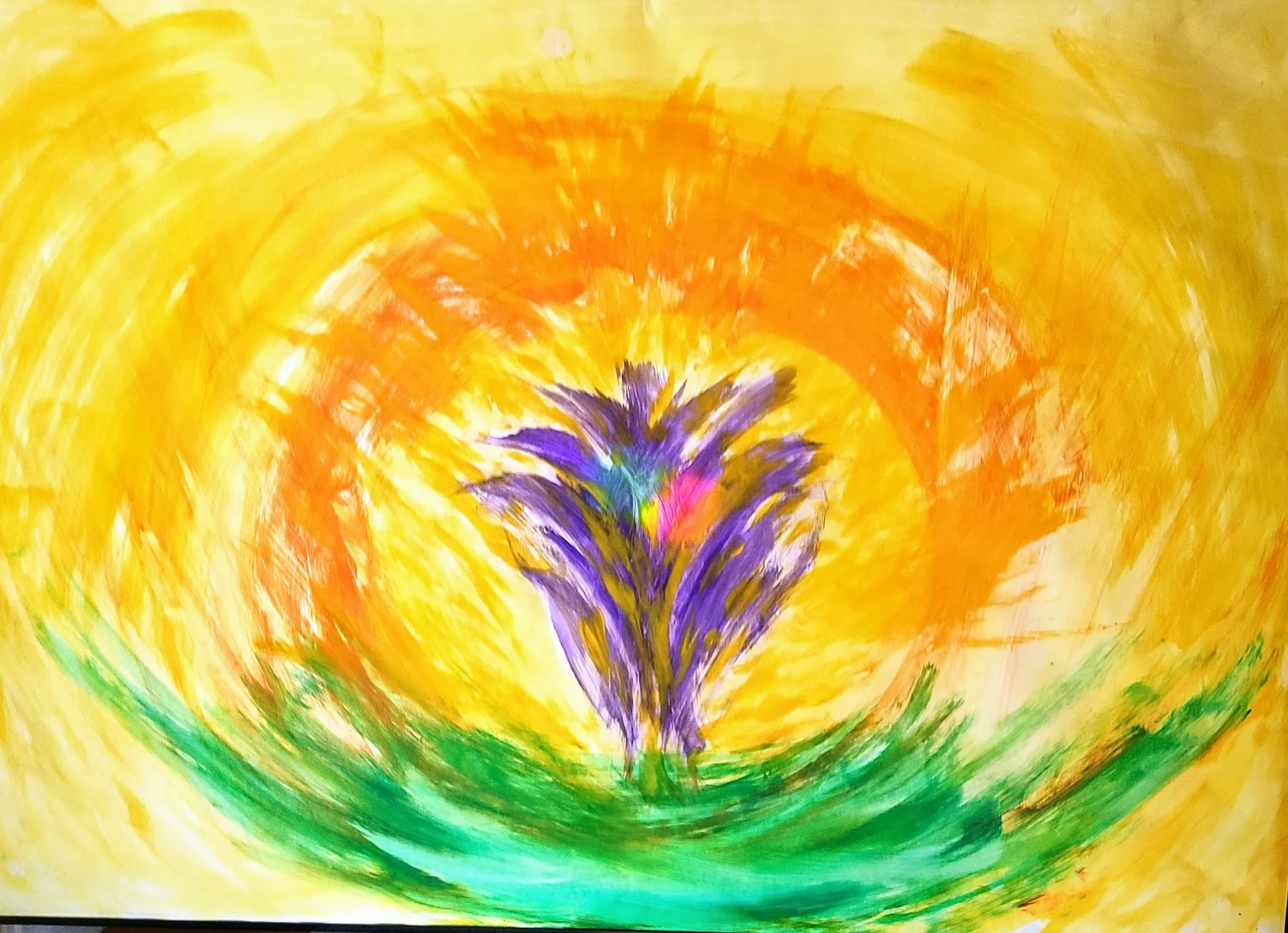 Abstraktes Gemälde in leuchtendem Gelb, Orange, Grün und Violett